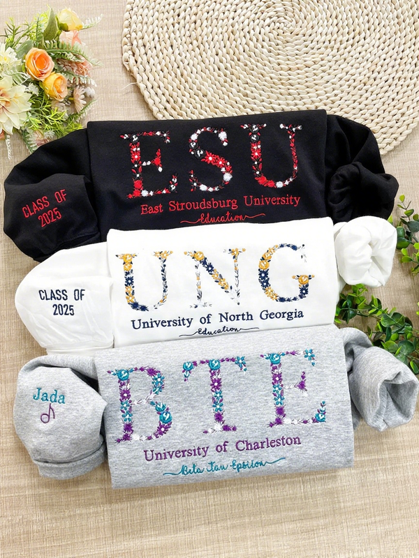 Custom College Floral Embroidered Sweatshirt, Floral Letter Hoodie, University High School Crewneck