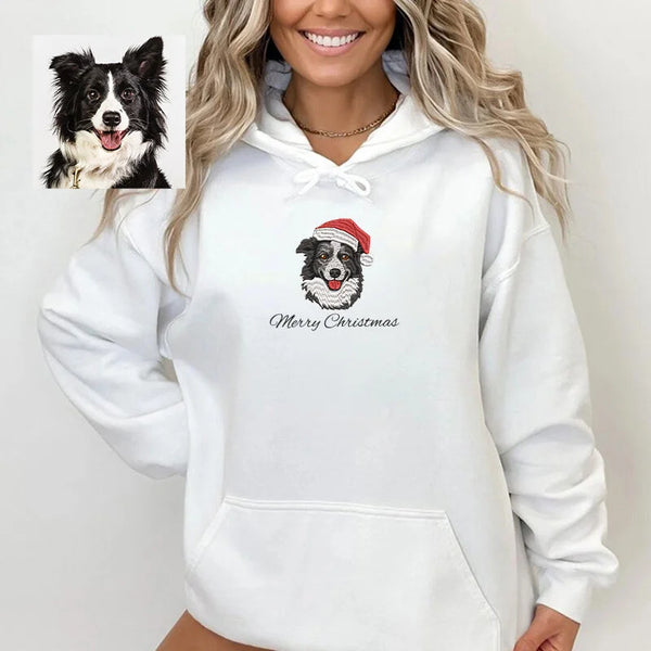 Personalized Hoodie – Embroidered Custom Pet Head with Christmas Hat Design – Available in Kids and Adult Sizes, Perfect Gift for Pet Lovers