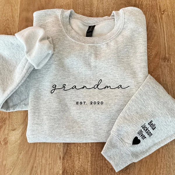 Custom Embroidered Grandma Sweatshirt with Grandkids Names on Sleeves