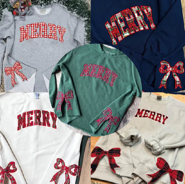 Trendy Merry Side Bow Cut-Out Sweatshirt - Cozy Plaid Christmas Pullover for Women