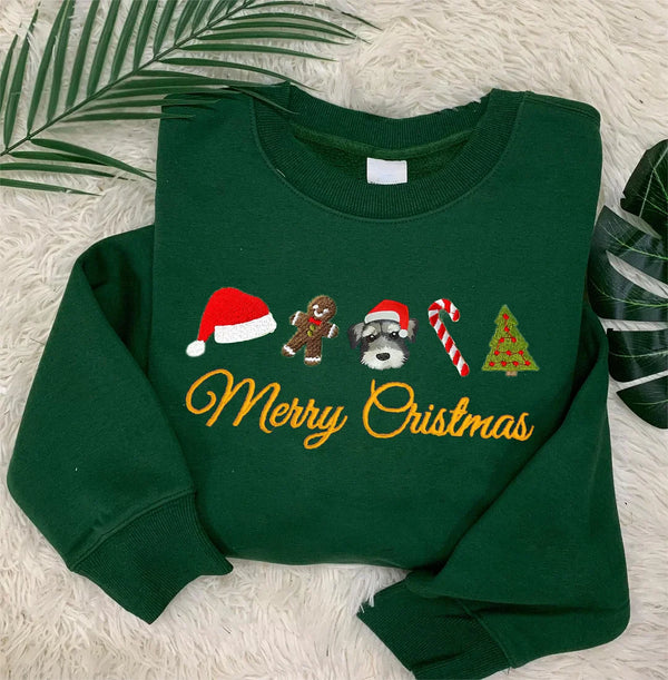 Custom Pet Dog Embroidered Christmas Sweatshirt, Merry Christmas Gingerbread Snowman Crewneck