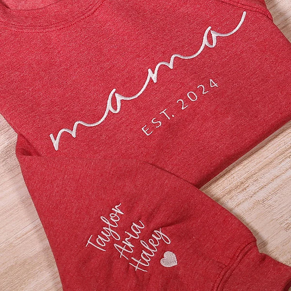 Custom Mama Embroidered Sweatshirt, Personalized Mom Hoodie With Kids Names Sleeve, Pregnancy Reveal Outfit, Birthday Gift, Mothers Day Gift