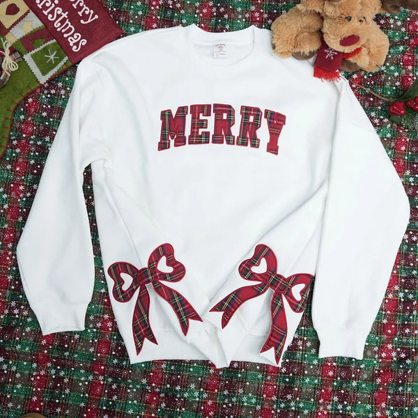 Trendy Merry Side Bow Cut-Out Sweatshirt - Cozy Plaid Christmas Pullover for Women
