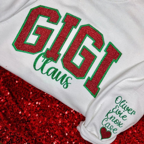 Custom Embroidered Glitter Gigi Mimi Mama Claus Sweatshirt with Names on Sleeve