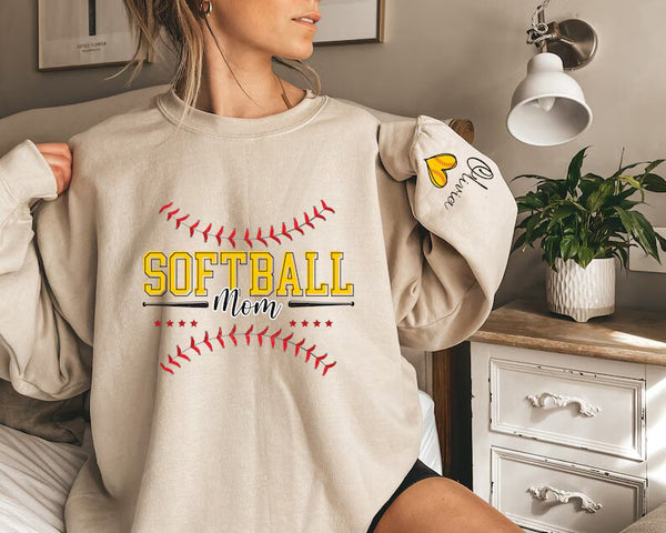 Personalize Softball Mom With Child Name Sweatshirt, Cute Softball Mama Hoodie, Mothers Day Gift For Softball Mom