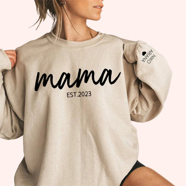 Custom Chest Text Est Year Mama Sweatshirt, Custom Mother's Day Sweatshirt, with Children's Names on the Sleeve