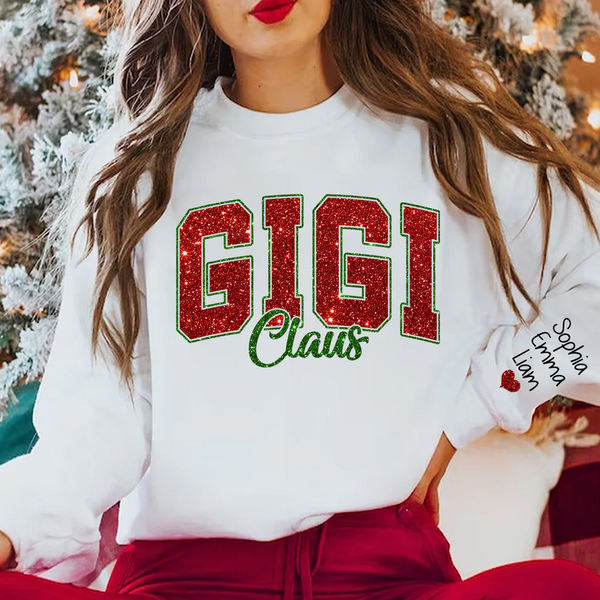 Personalized Glitter Gigi Claus Christmas Sweatshirt With Grandkids, Custom Glitter Grandma Nickname Sweatshirt Hoodie