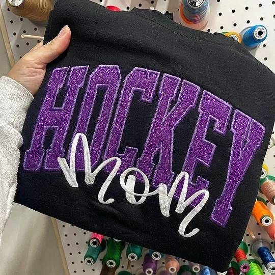Personalized Glitter Embroidered Hockey Mom Sweatshirt, Hoodie & T-shirt