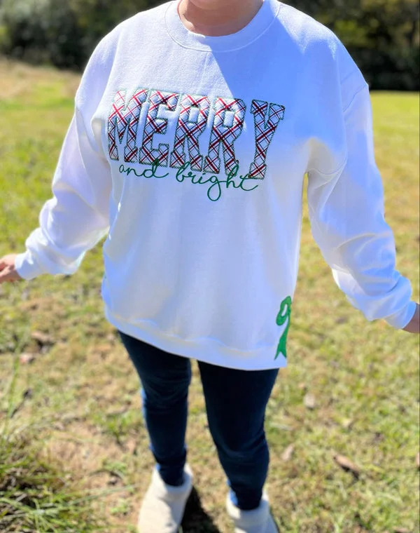 MERRY AND BRIGHT, SIDE BOW APPLIQUE EMBROIDERED SWEATSHIRT