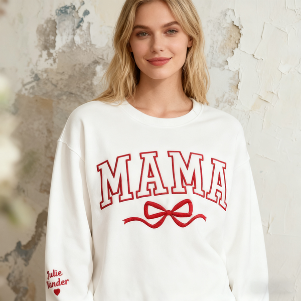 Embroidered Mama Bow Sweatshirt with Kids Name，Gifts for Mom