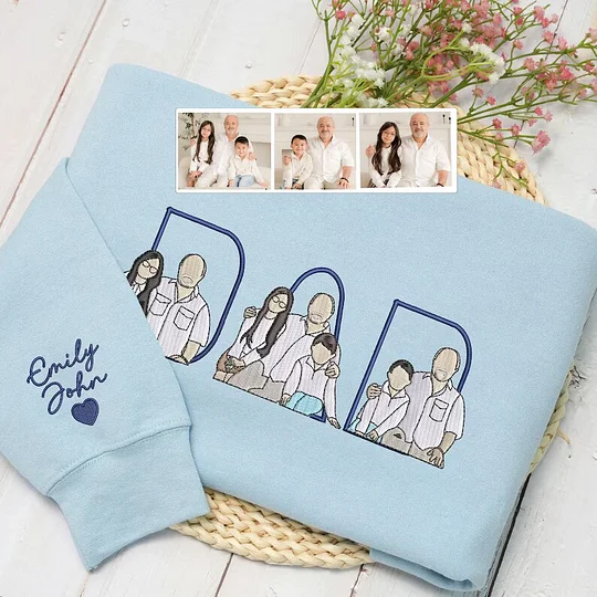 Dad/Mom Hoodie with Kid Portrait Embroidered | Custom Embroidered Sweatshirt | Portrait From Photo | Memorial Shirt for Dad Mom