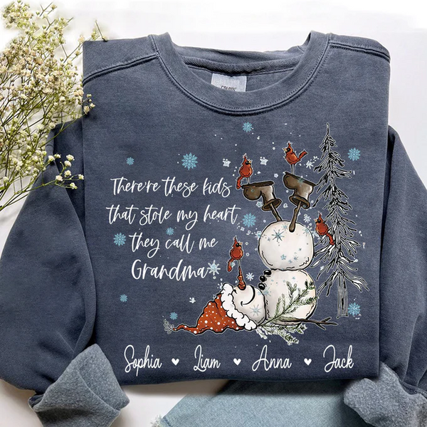 Custom Grandma Snowman Sweatshirt, There’s These Kids That Stole My Heart For Gift Grandma And Kids