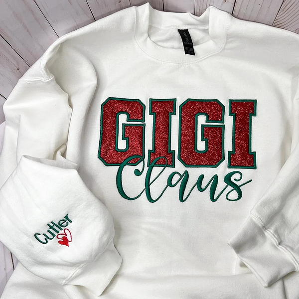 Custom Embroidered Glitter Appliqué Gigi Mimi Mama Claus Sweatshirt with Names on Sleeve