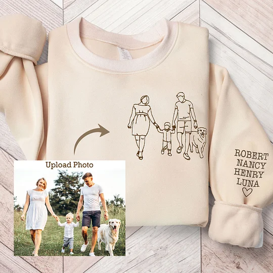 Custom Embroidered Photo Portrait Sweatshirt, Father's Day Gift Ideas,Family Photo Line Art