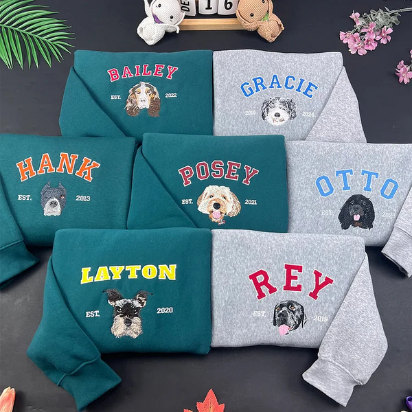 Custom Embroidered Pet Portrait Hoodie - Personalized Pet Sweatshirt with Name & Year