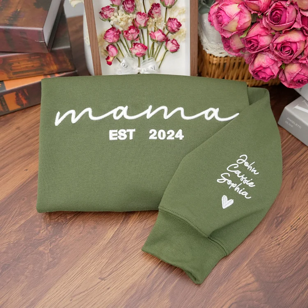 Custom Embroidered Mama Sweatshirt with Date and Kids Names on Sleeve,gifts for mom