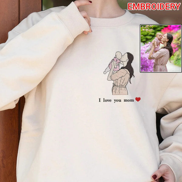 Custom Embroidered Portrait Sweatshirt From Photo - Mom and Daughter Embroidered Sweatshirt, Perfect Gift for Mother's Day