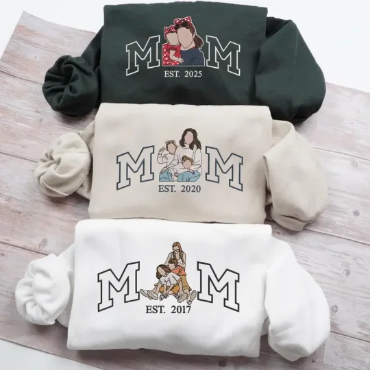 Mom/Mum Sweatshirt with Photo, Custom Embroidered Hoodie Mama and Kids Portrait, Gift for Mom Mum Mama Mommy