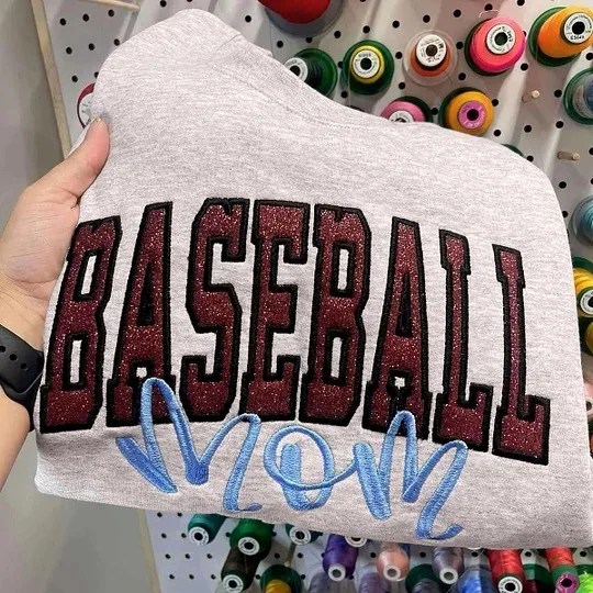 Personalized Glitter Embroidered Baseball Mom Sweatshirt, Hoodie & T-shirt