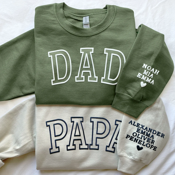Personalized 3D Puff Print Outline DAD Sweatshirt with Kids Names on Sleeve
