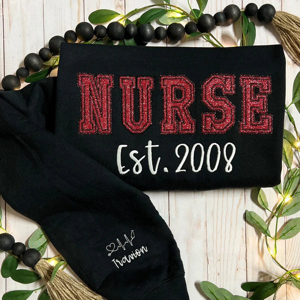 Personalized Nurse Sweatshirt – Sparkling Glitter Embroidery for a Unique Look