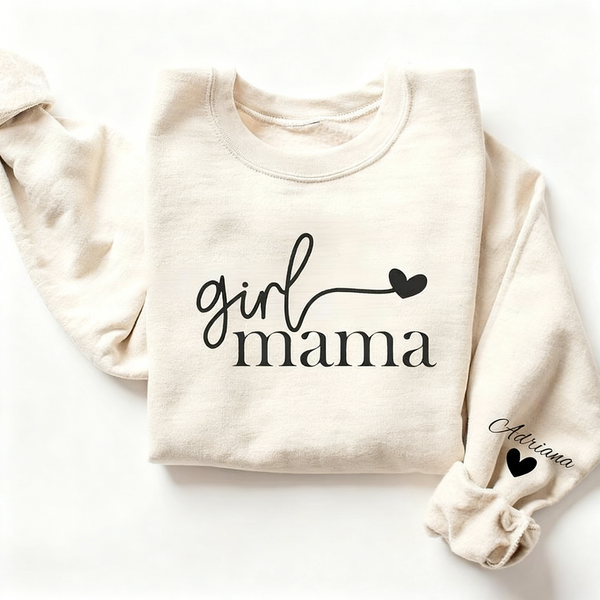 Girl Mama Sweatshirt and Hoodie With Kid Name On Sleeve,Gift for New Mom,Birthday Gift for Her