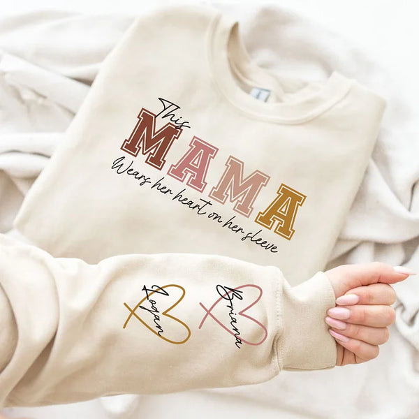 Custom Wear Heart On Sleeve Sweatshirt - Personalize Family Sweatshirt - Gift For Mom and Grandma