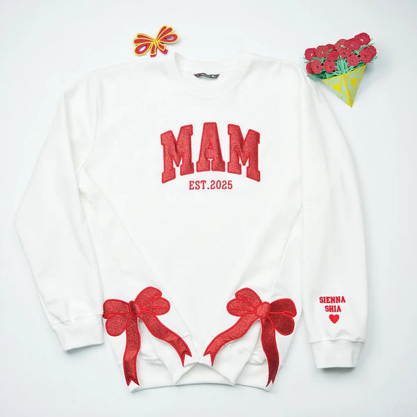 Custom MOM Sweatshirt with Glitter Bows - Stylish Embroidered Gift for Mom