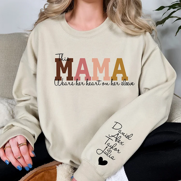 Custom Mama Wears Her Heart On Her Sleeve,Personalizable, Hoodie Sweatshirt or Crewneck Comfortable Casual  Long Sleeve Sweatshirt