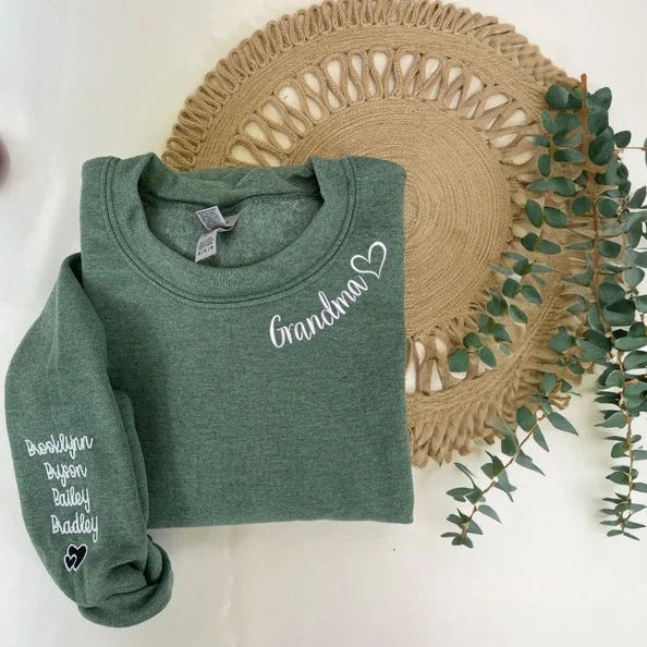 Custom Embroidered Grandma Sweatshirt with Grandkids Names on Sleeve, MAMA Sweatshirt