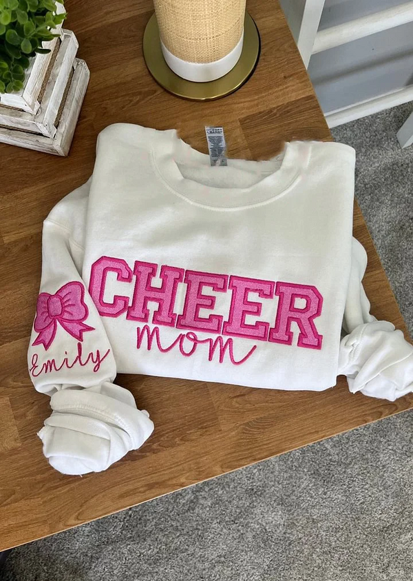 Personalized Embroidered Cheer Mom Sweatshirt , Custom Team Crewneck , Cheer Mom Bow Shirt