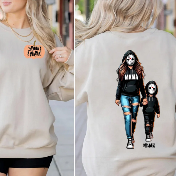 Halloween Horror Mama Custom Kids Name Sweatshirt, Custom Spooky Mama Hoodie, Killer Halloween Crewneck