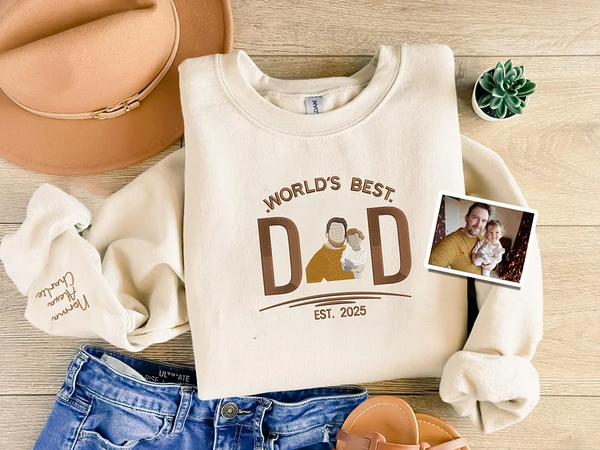 Personalised World's Best Dad Sweatshirt, Embroidered Family Photo Portrait Sweater, Custom Dad Est Date Jumper, Fathers Day Gifts for Him