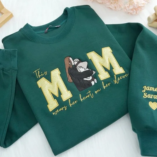 Mom Wears Her Heart on Her Sleeves Custom Glitter Mama Sweatshirt with Photo Gift for Mom Nana