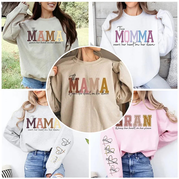 Personalized MAMA Wears Her Heart On Her Sleeve Sweatshirt