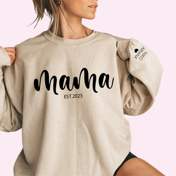 Custom Chest Text Est Year Mama Sweatshirt, Custom Mother's Day Sweatshirt, with Children's Names on the Sleeve