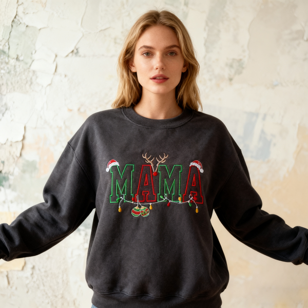 Merry Mama Christmas Embroidered Sweatshirt with Santa Hat and Festive Lights