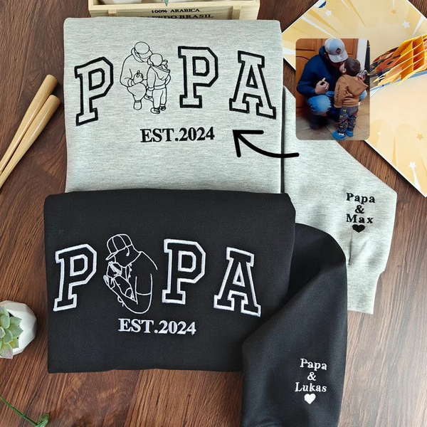A Papa T-shirt With a Photo and a Sweatshirt Separately Embroidered With the Portraits of the Father and the Child