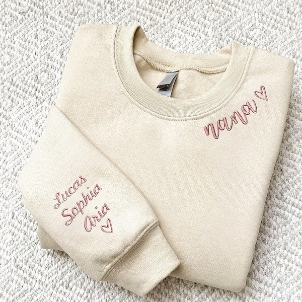 Nana Mimi Mum Gift Embroidered Crewneck with Kids Names on sleeve Sweatshirt