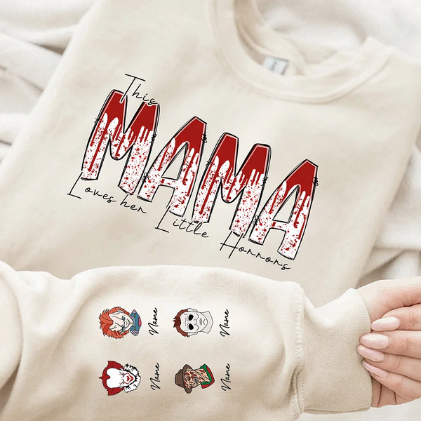 Personalized This Mama Loves Her Little Horrors Sweatshirt, Mama Shirt With Kids Name on Chest or Sleeve