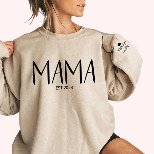 Custom Chest Text Est Year Mama Sweatshirt, Custom Mother's Day Sweatshirt, with Children's Names on the Sleeve