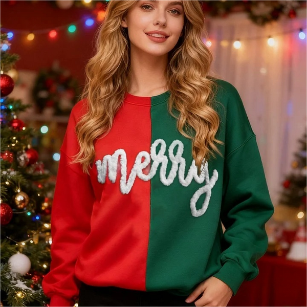 Personalized Christmas Chenille Yarn Sweatshirt Merry Christmas Two Tone Crewneck