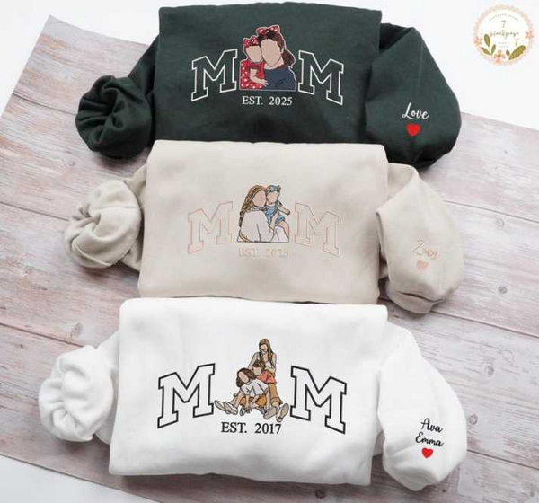 Embroidered Mama Sweatshirt with Photo, Mother's Day Gifts, Varsity Shirts, Custom Embroidered Hoodie Mama and Kids Portrait, New Mom Gift