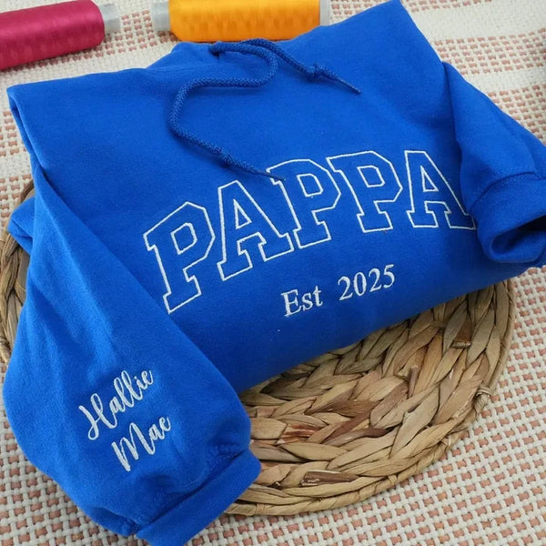Best Papa Sweatshirt or Hoodie, Embroidered Gift with Kids Names on Sleeve