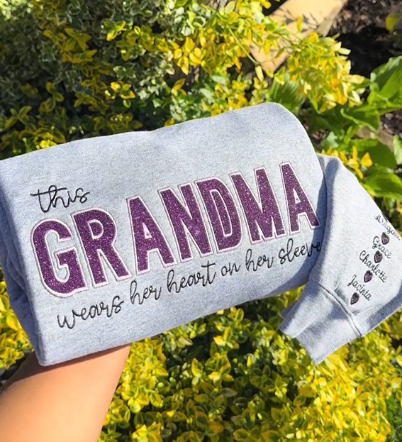 Mum Wears Her Heart on Her Sleeve Custom Sequin Nickname Embroidered T-Shirt Crewneck Hooded Sweatshirt