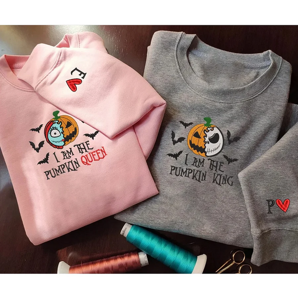 The Pumpkin King & Queen Embroidery Halloween Couple Sweatshirt