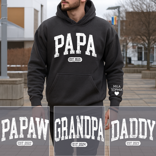 Personalized Papa Grandpa Daddy Papaw Hoodie for Men, Custom Name & Year EST. Sweatshirt, New Grandpa Gift 2025, Father’s Day Gift for Dad or Papa, Unisex Heavy Blend Pullover Hoodie