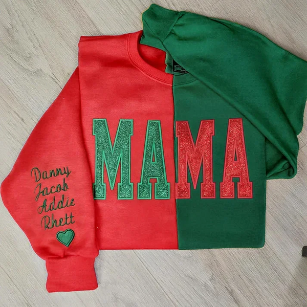 Custom Glitter Two Tone MAMA Embroidered Sweatshirt With Kid's Name On Sleeve