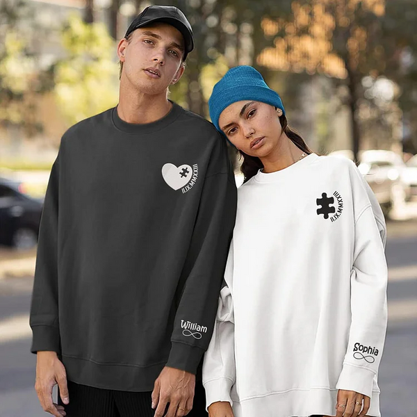 Valentines day gift Personalized Heart and Puzzle with Roman Numeral Embroidered Matching Couple Sweatshirt