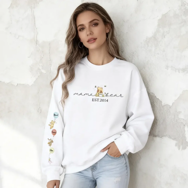 Custom Mama Bear Sweatshirt, Mama Est with Kids Names on Sleeve Sweatshirt